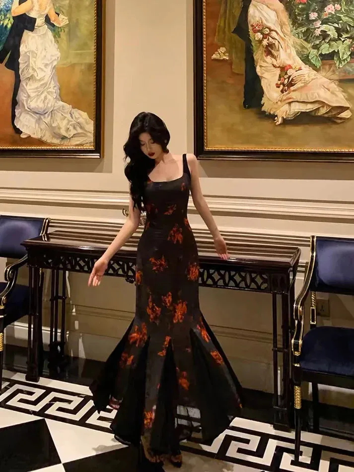 Classy Sheath Straps Black Floral Prom Dresses Birthday Outfits Evening Gown , LTP3619