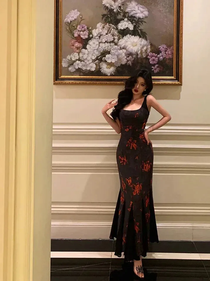 Classy Sheath Straps Black Floral Prom Dresses Birthday Outfits Evening Gown , LTP3619