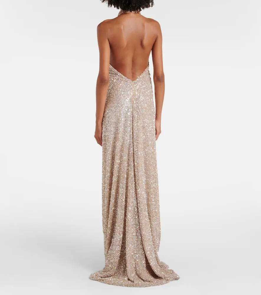 Costarellos Trinity sequined halterneck gown