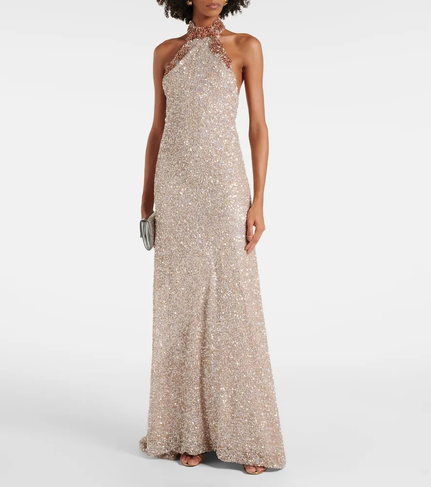 Costarellos Trinity sequined halterneck gown