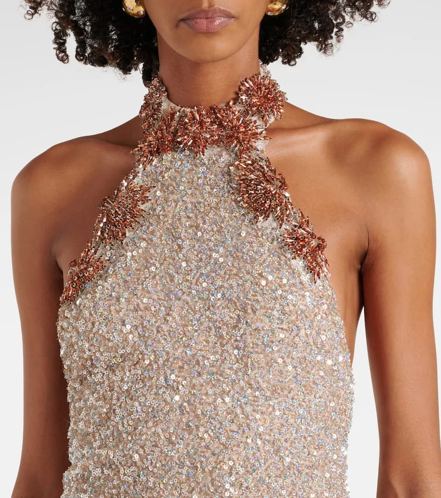 Costarellos Trinity sequined halterneck gown