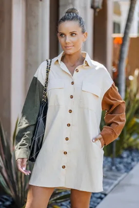 Cream Corduroy Color Block Shirt Dress W/Pockets
