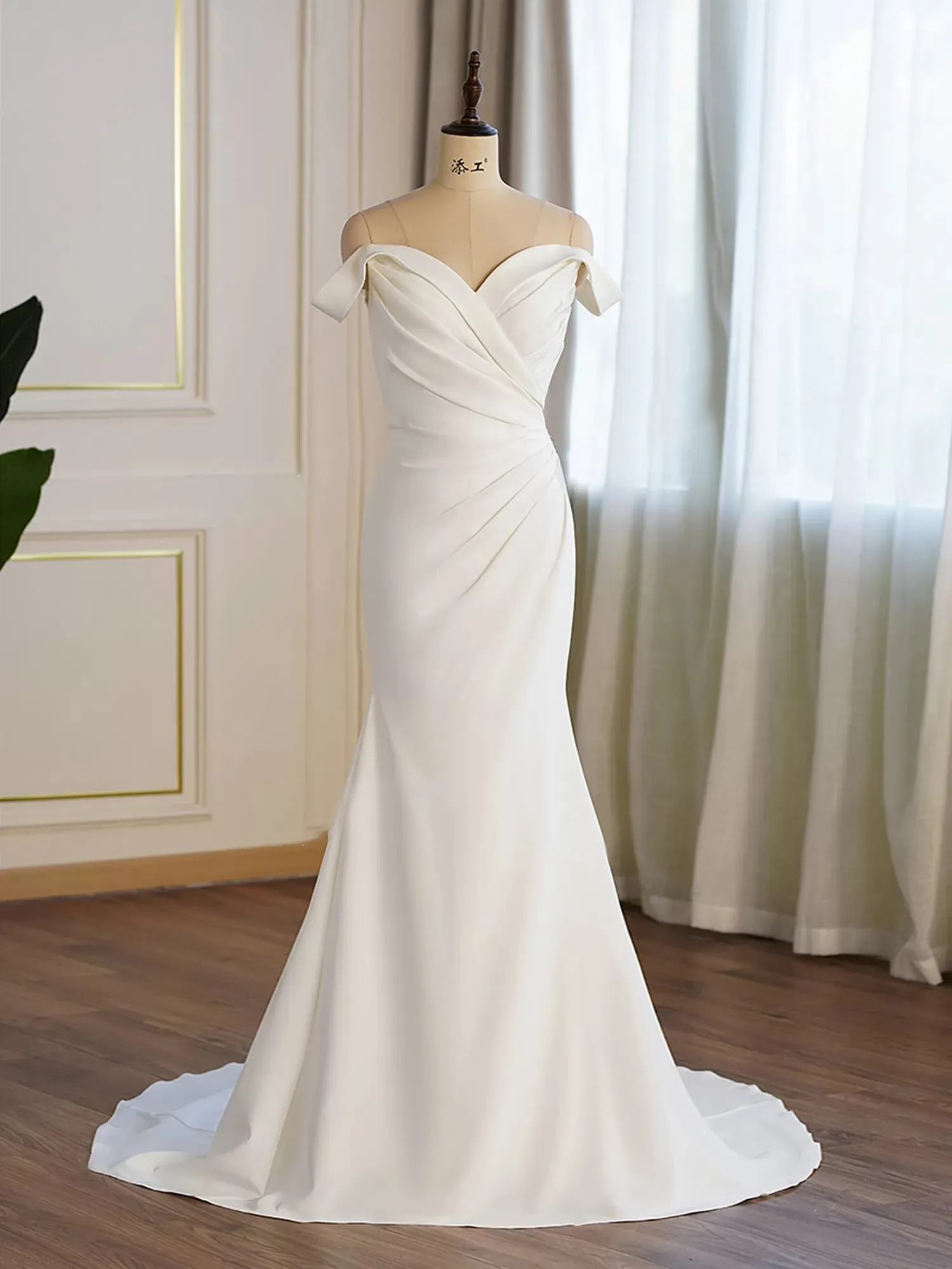 Crepe Off-the-shoulder Pleated Fit And Flare Bridal Gown - Off The Rack
