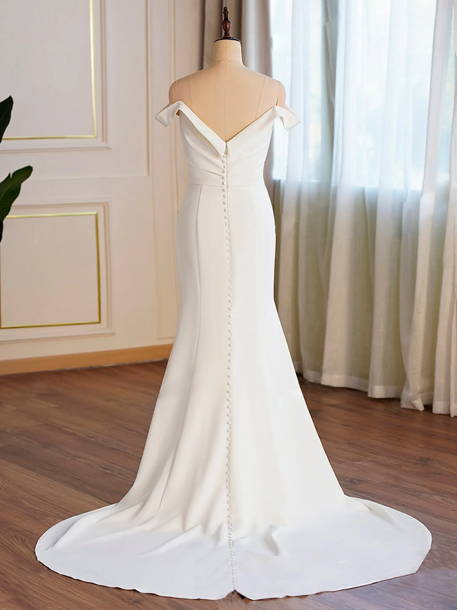 Crepe Off-the-shoulder Pleated Fit And Flare Bridal Gown - Off The Rack