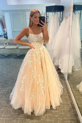 Cute Lace Long Prom Dresses Spaghetti Strap Backless Party Dresses Beautiful