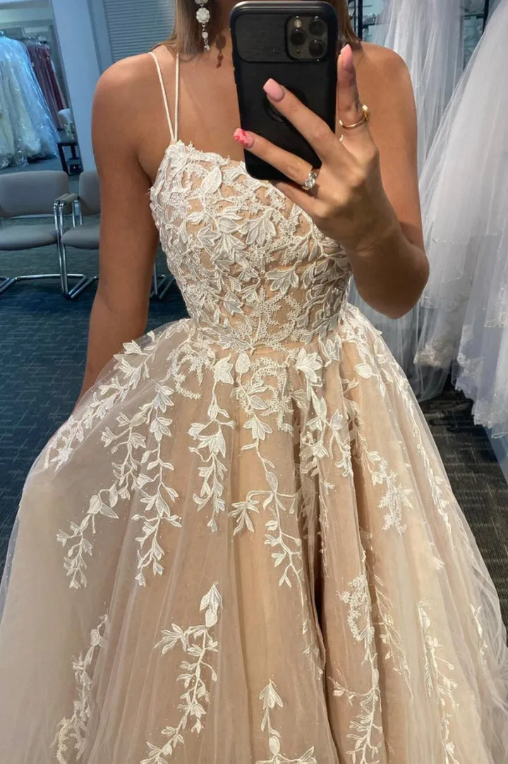 Cute Lace Long Prom Dresses Spaghetti Strap Backless Party Dresses Beautiful