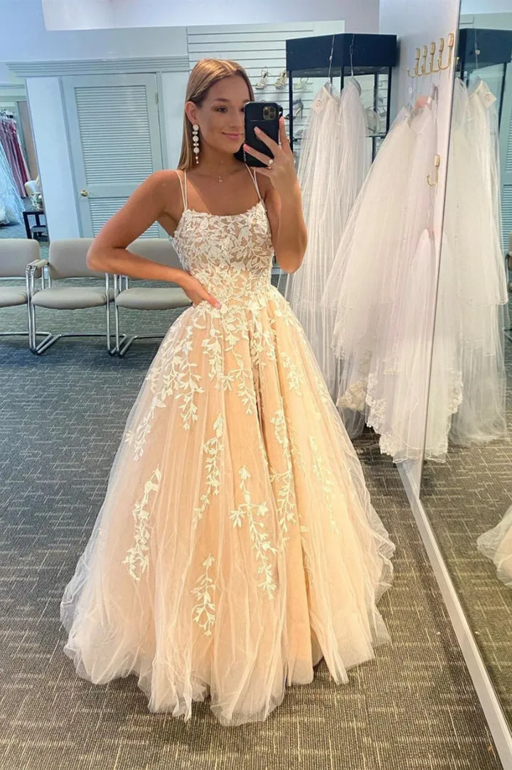 Cute Lace Long Prom Dresses Spaghetti Strap Backless Party Dresses Beautiful
