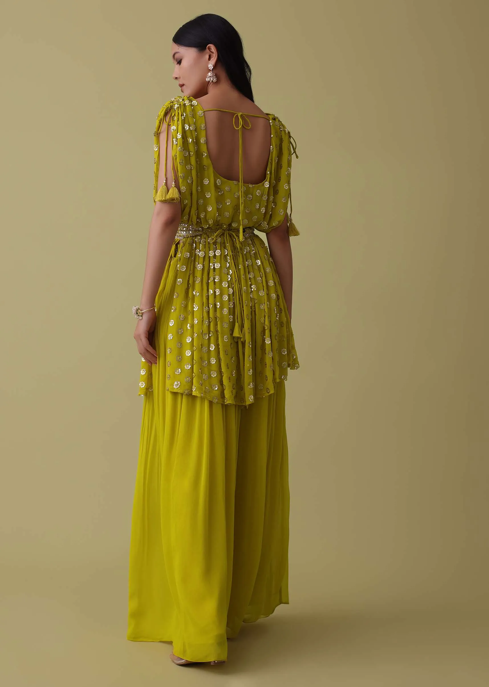 Cyber Yellow Palazzo Top Set In Georgette With Sequins Work