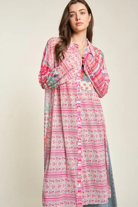 Davi & Dani Mesh Print Mix Matched Button Front Cover Up