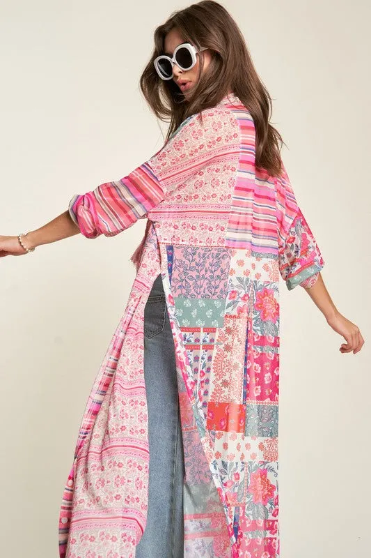 Davi & Dani Mesh Print Mix Matched Button Front Cover Up