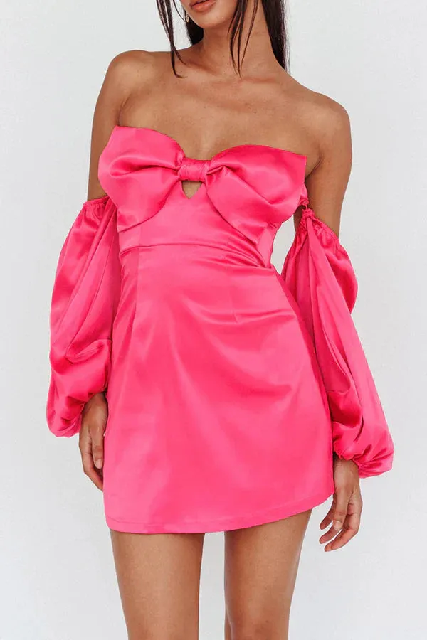 Detachable sheath/column sleeves with cute bow short Homecoming Dresses Hot Pink