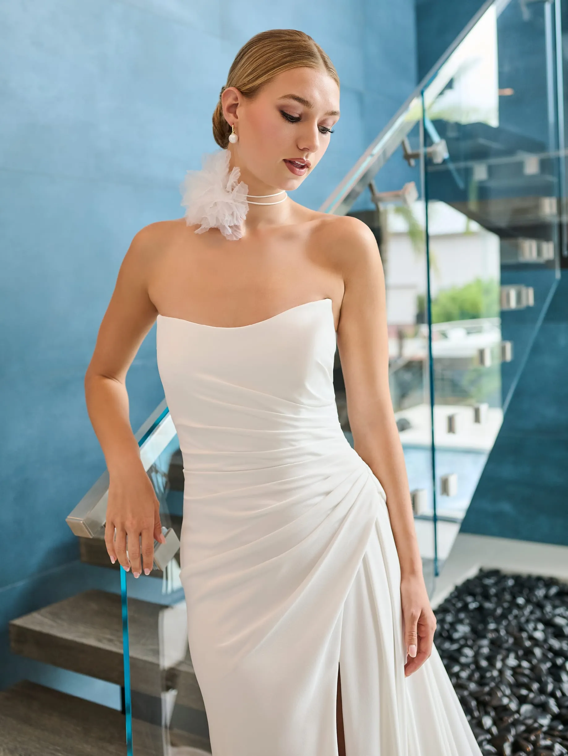 Draped Elegant Crepe Fit & Flare Wedding Gown with Lace Up Back by Adrianna Papell Platinum