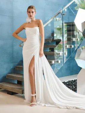 Draped Elegant Crepe Fit & Flare Wedding Gown with Lace Up Back by Adrianna Papell Platinum