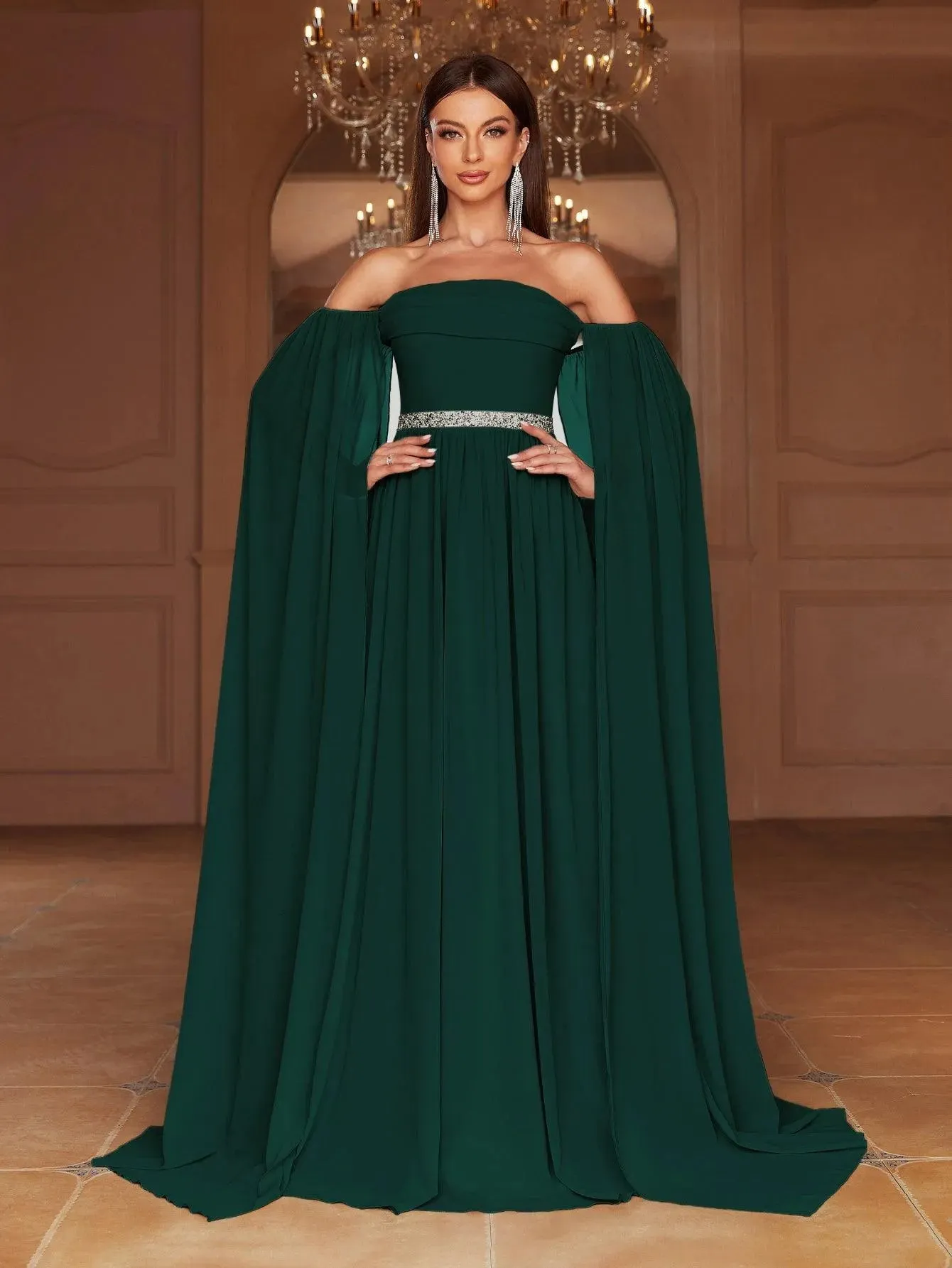 Elegant Off Shoulder Extra-Long Sleeves Chiffon Prom Dress