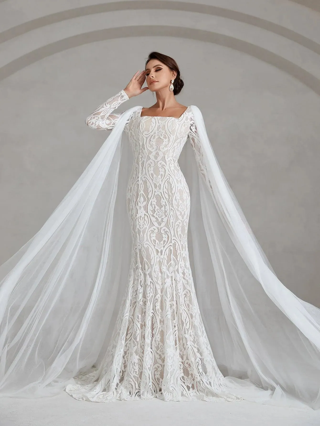 Elegant Square Neck Mermaid Lace Wedding Dress With Cape