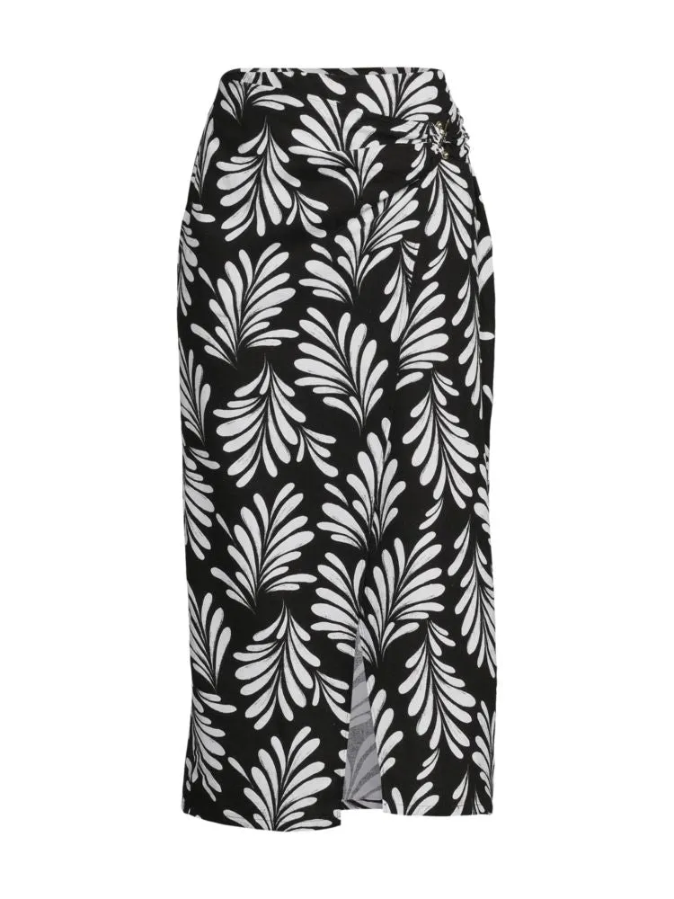 Ellen Tracy Linen Blend Wrap Midi Skirt in Black Leaf