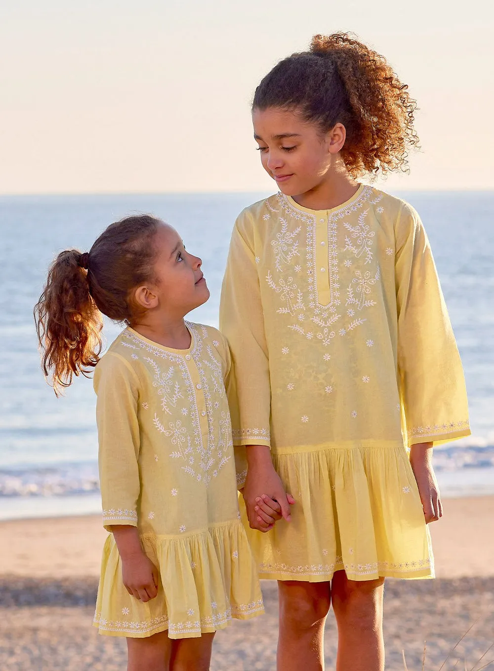 Embroidered Kaftan in Yellow/White