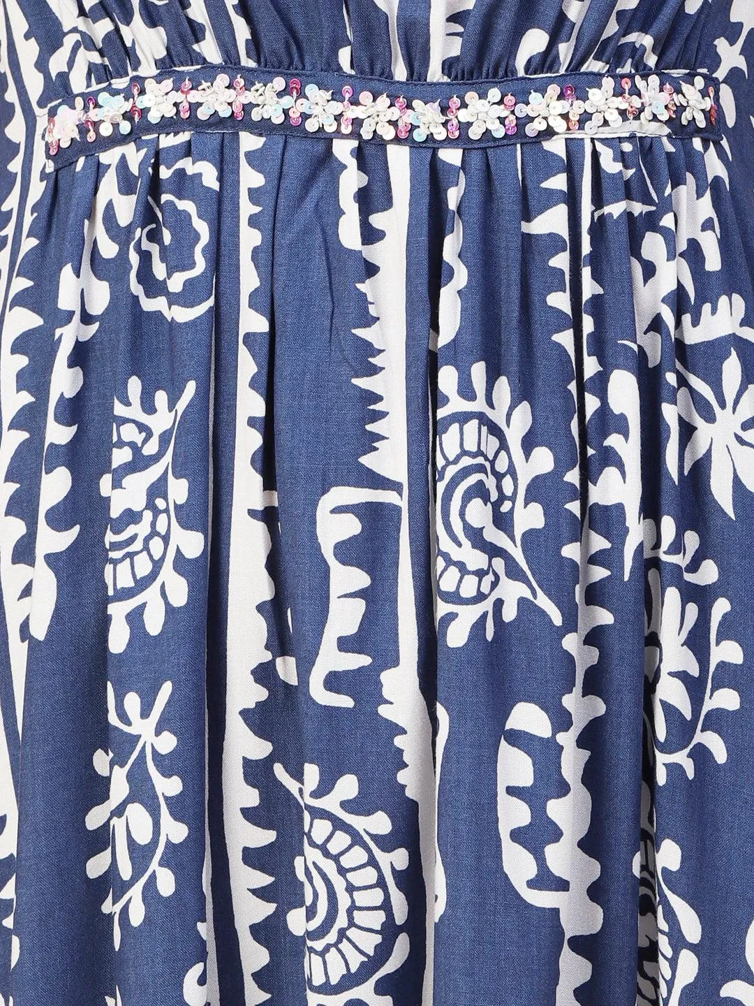 Ethnic Stripes Printed A-Line Fit & Flare Midi Dress - Blue