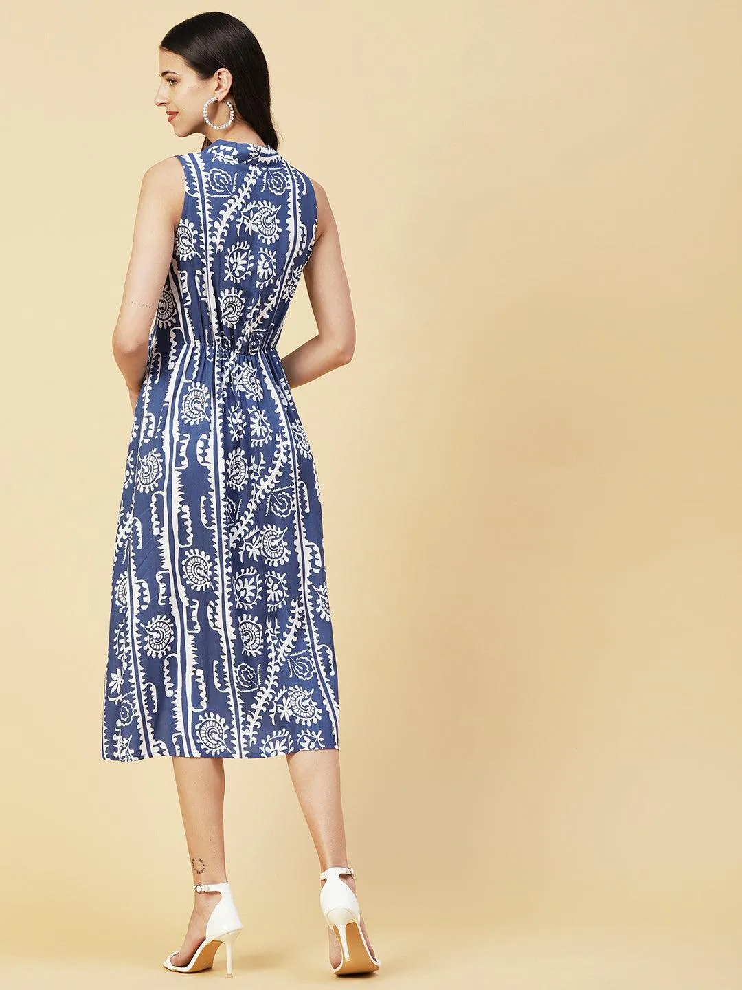 Ethnic Stripes Printed A-Line Fit & Flare Midi Dress - Blue