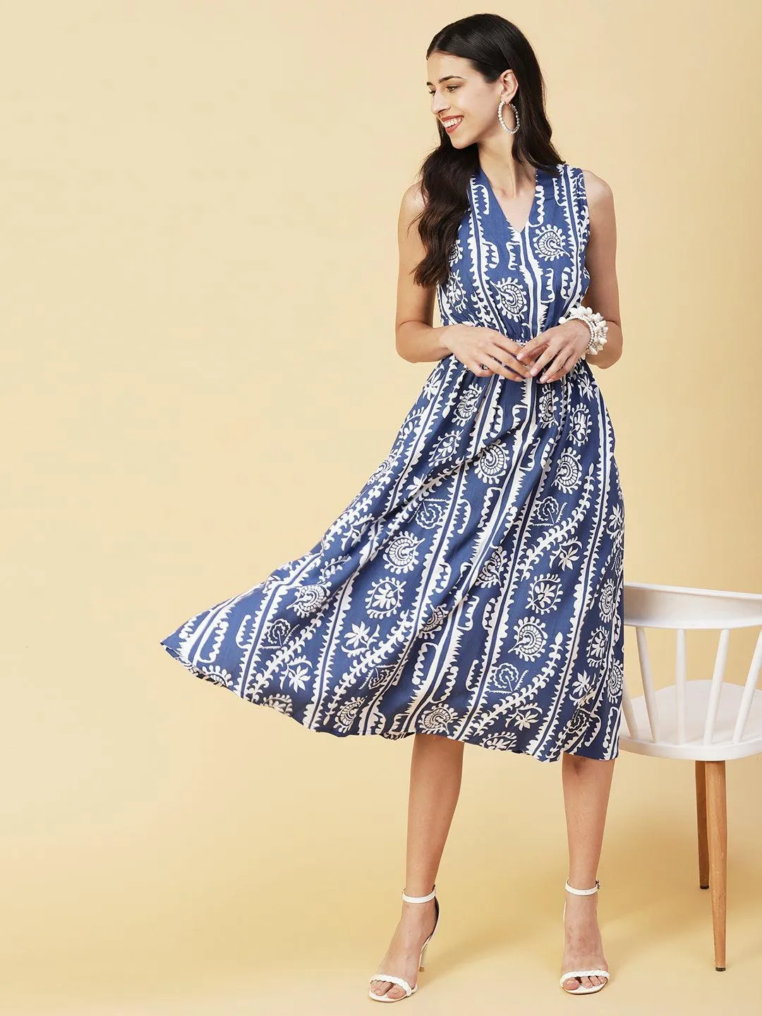 Ethnic Stripes Printed A-Line Fit & Flare Midi Dress - Blue