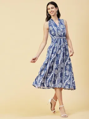 Ethnic Stripes Printed A-Line Fit & Flare Midi Dress - Blue