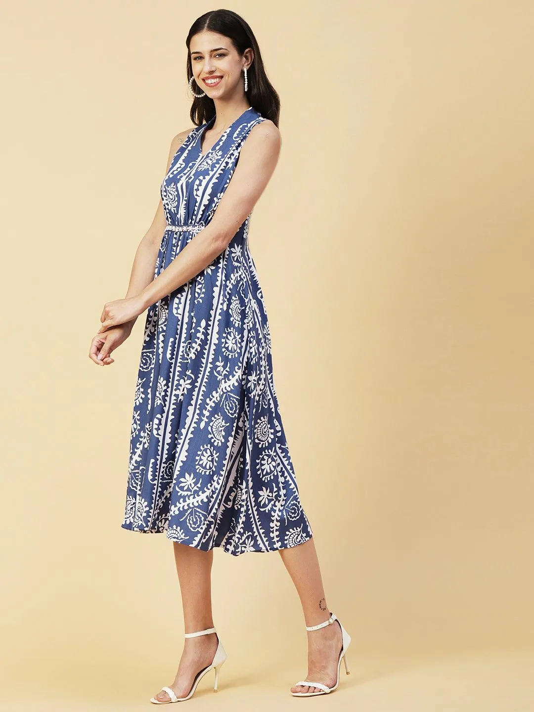 Ethnic Stripes Printed A-Line Fit & Flare Midi Dress - Blue