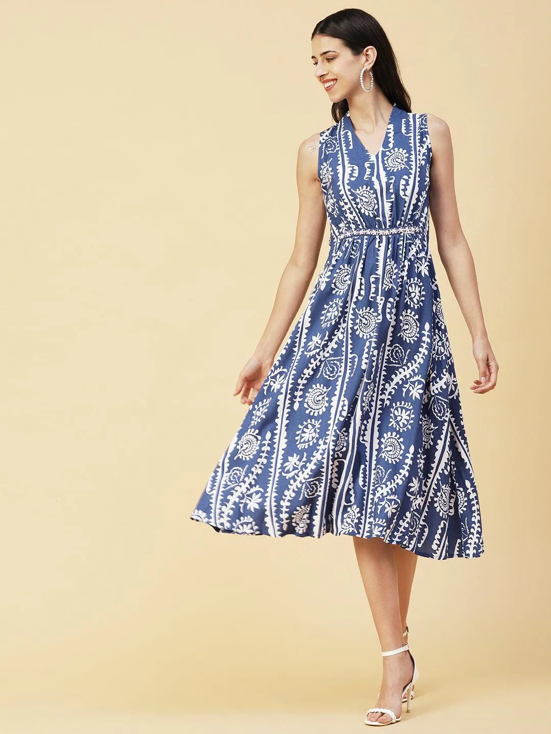 Ethnic Stripes Printed A-Line Fit & Flare Midi Dress - Blue