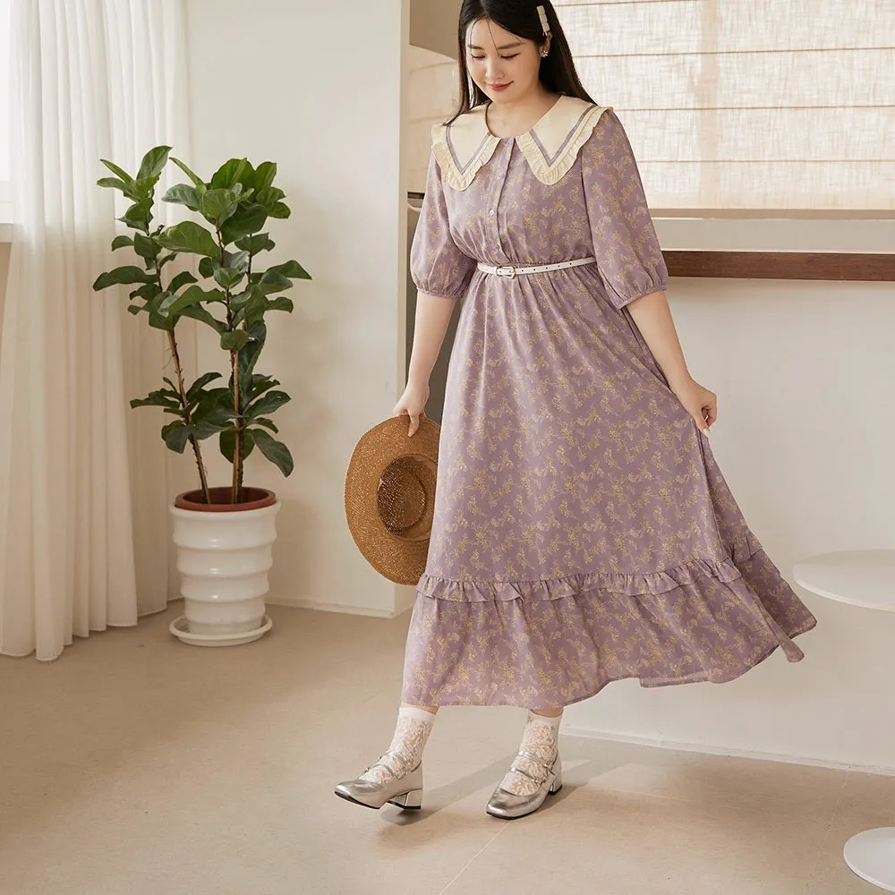 Floral Print Ruffle Collar Collar Long Maxi Dress