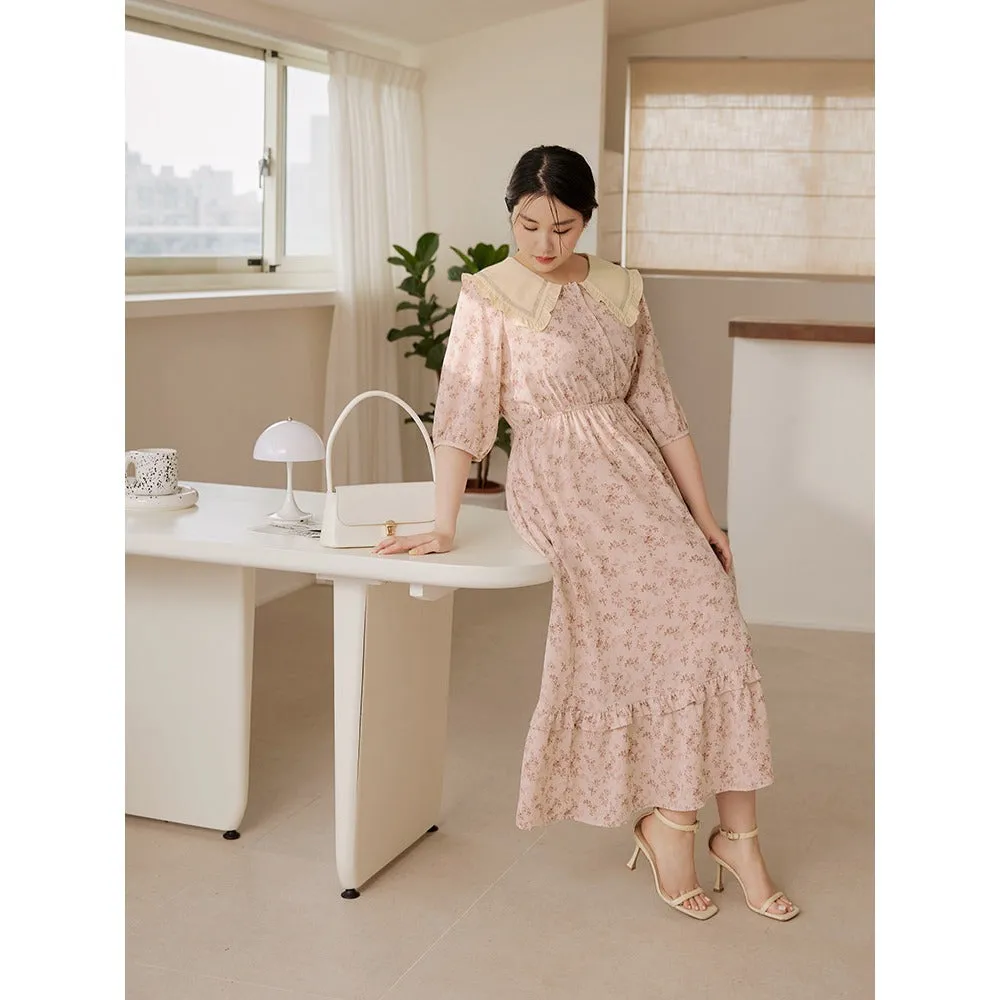 Floral Print Ruffle Collar Collar Long Maxi Dress