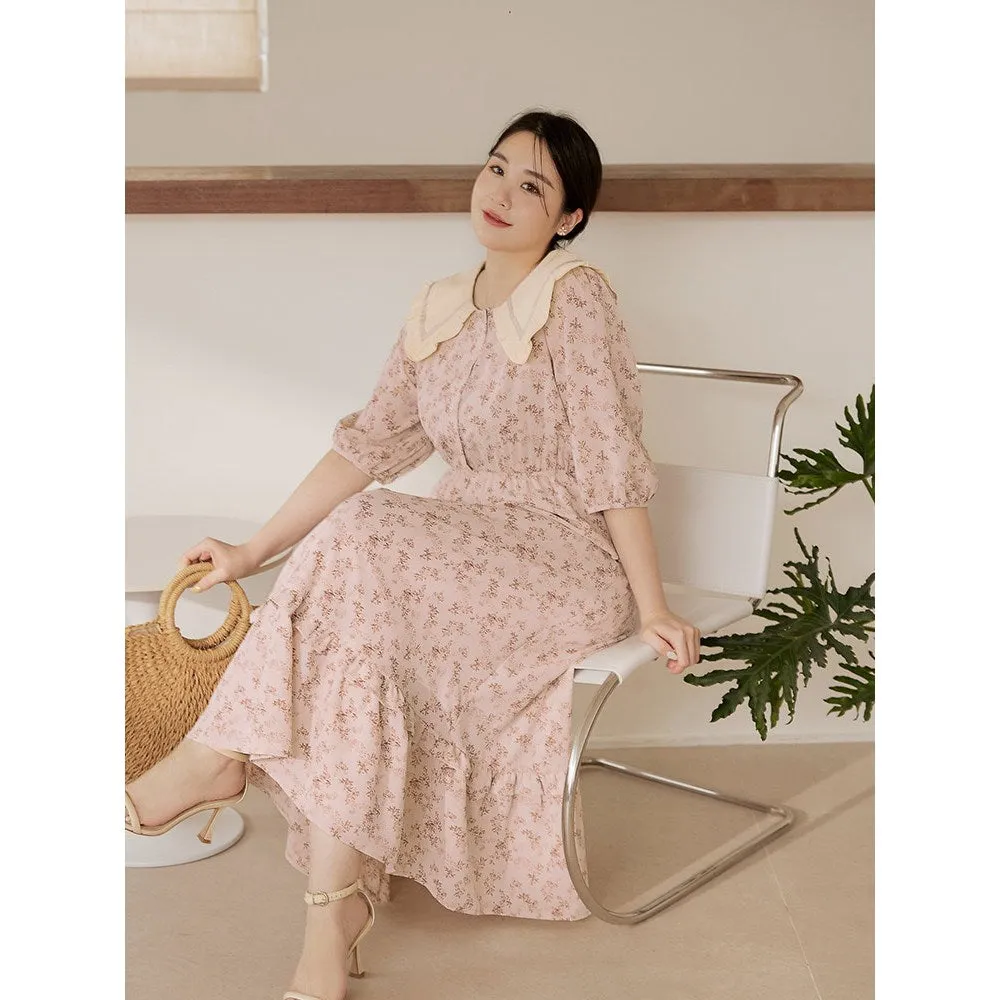 Floral Print Ruffle Collar Collar Long Maxi Dress