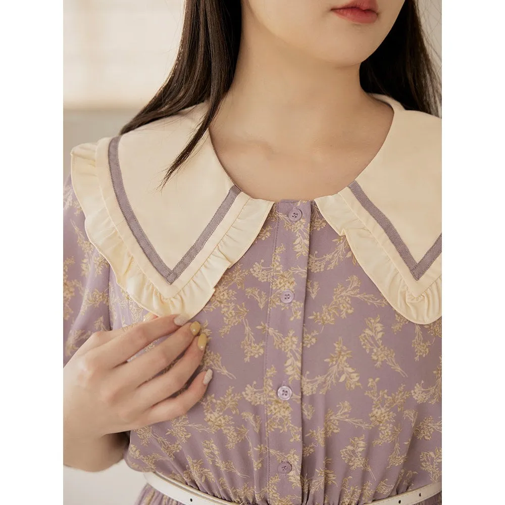Floral Print Ruffle Collar Collar Long Maxi Dress