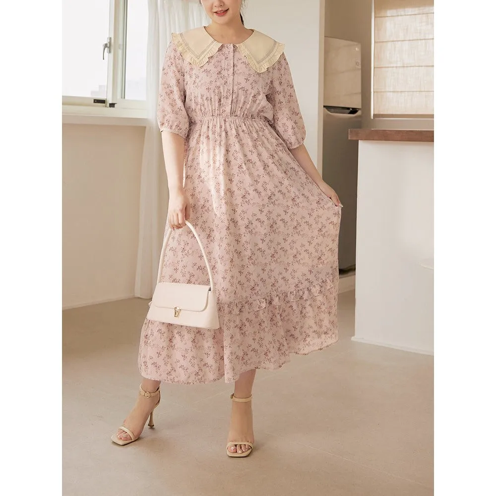 Floral Print Ruffle Collar Collar Long Maxi Dress
