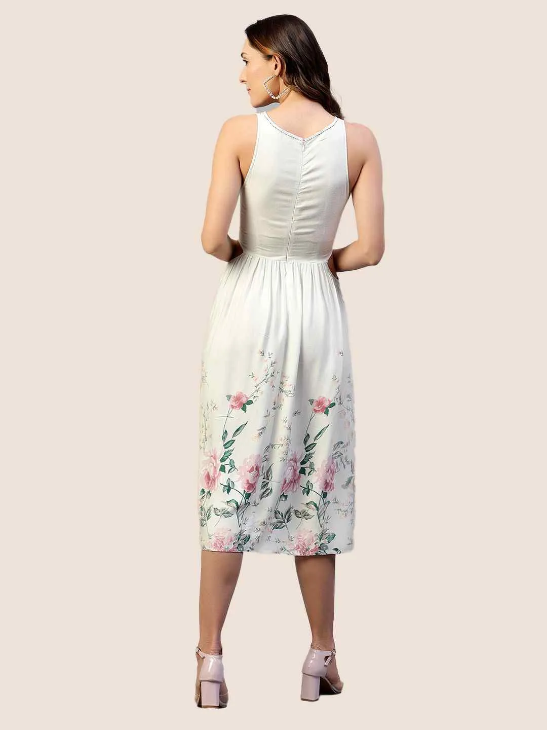 Floral Printed Rayon Twill Waist Cutout Dress