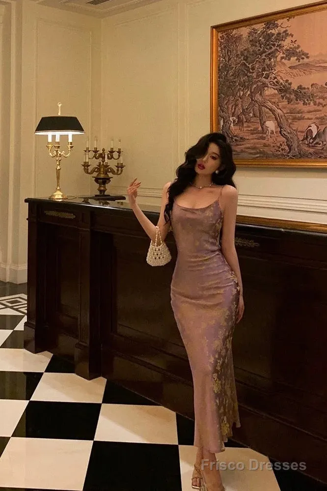 French Sheath Spaghetti Straps Lilac Satin Prom Dresses Birthday Outfits