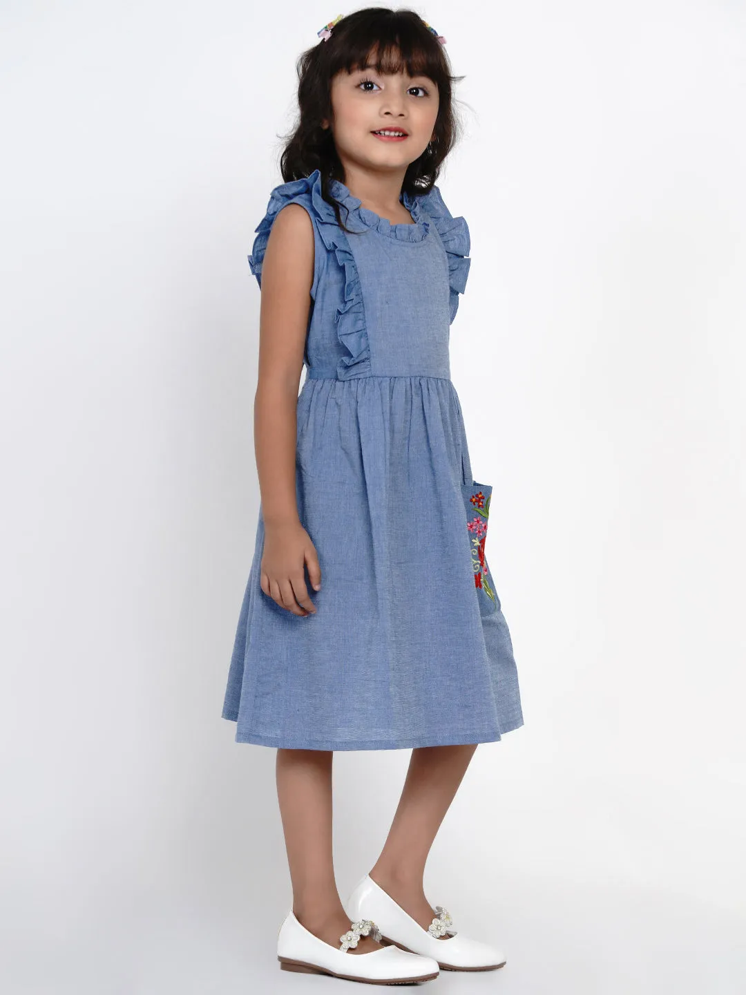 Girl's Blue Solid Fit And Flare Dress - Bitiya By Bhama