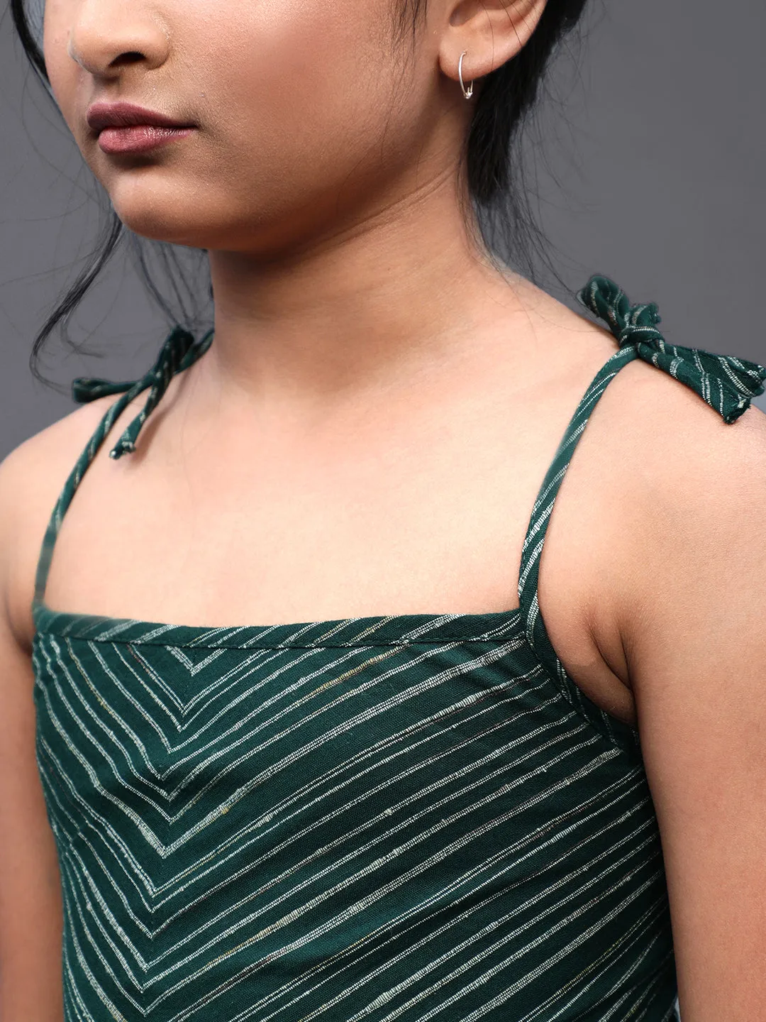 Girl's Dark Green Striped Self Design Dress - Aks Girls