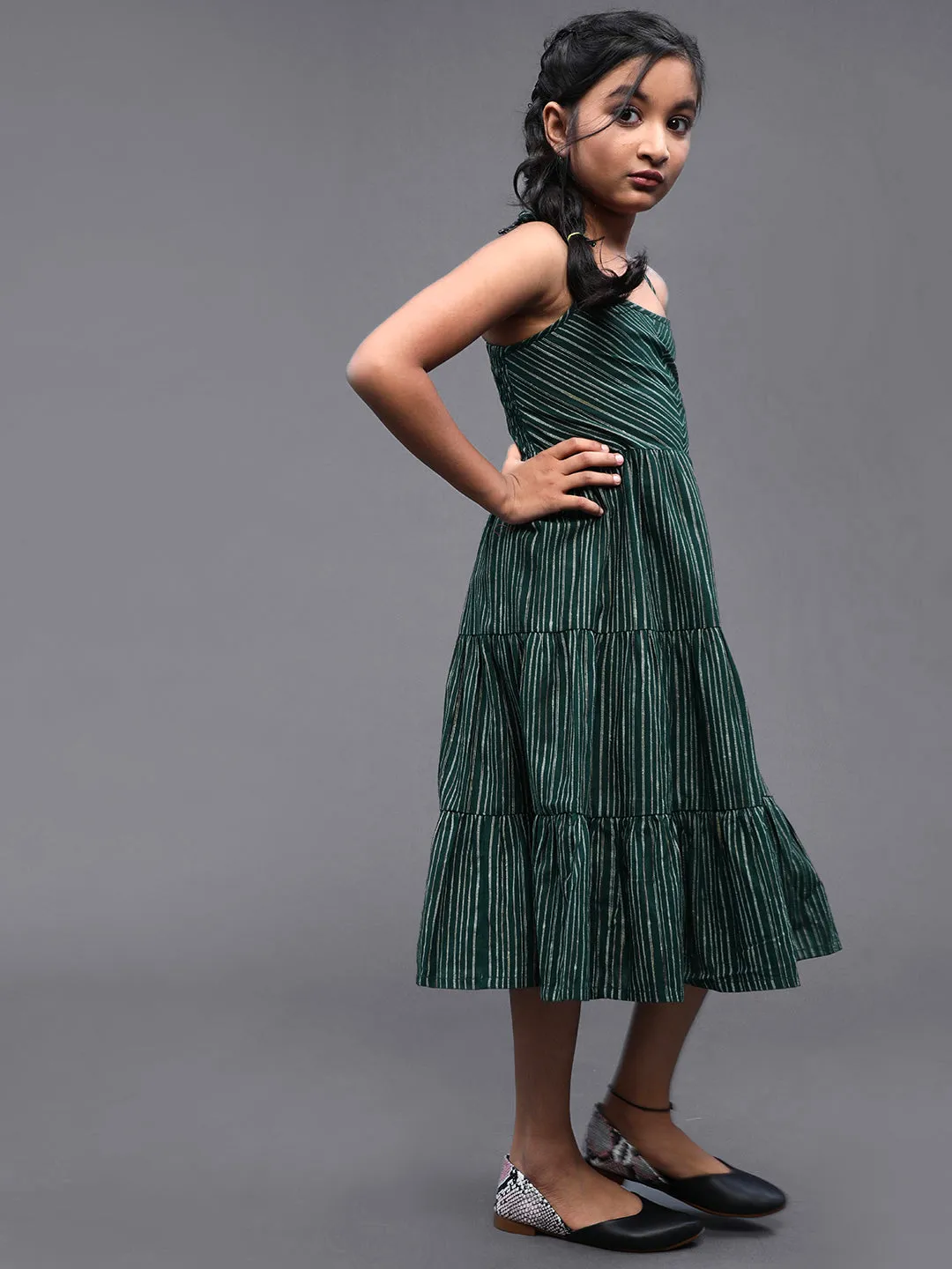 Girl's Dark Green Striped Self Design Dress - Aks Girls
