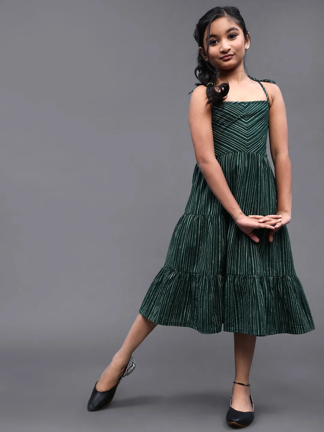 Girl's Dark Green Striped Self Design Dress - Aks Girls