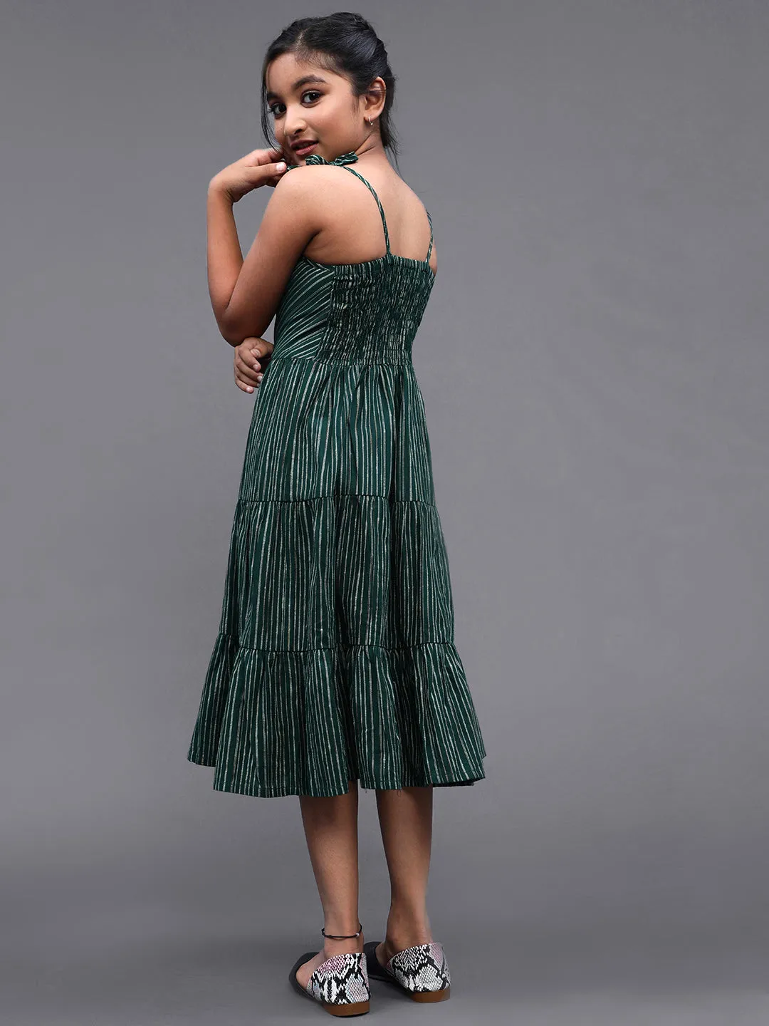 Girl's Dark Green Striped Self Design Dress - Aks Girls