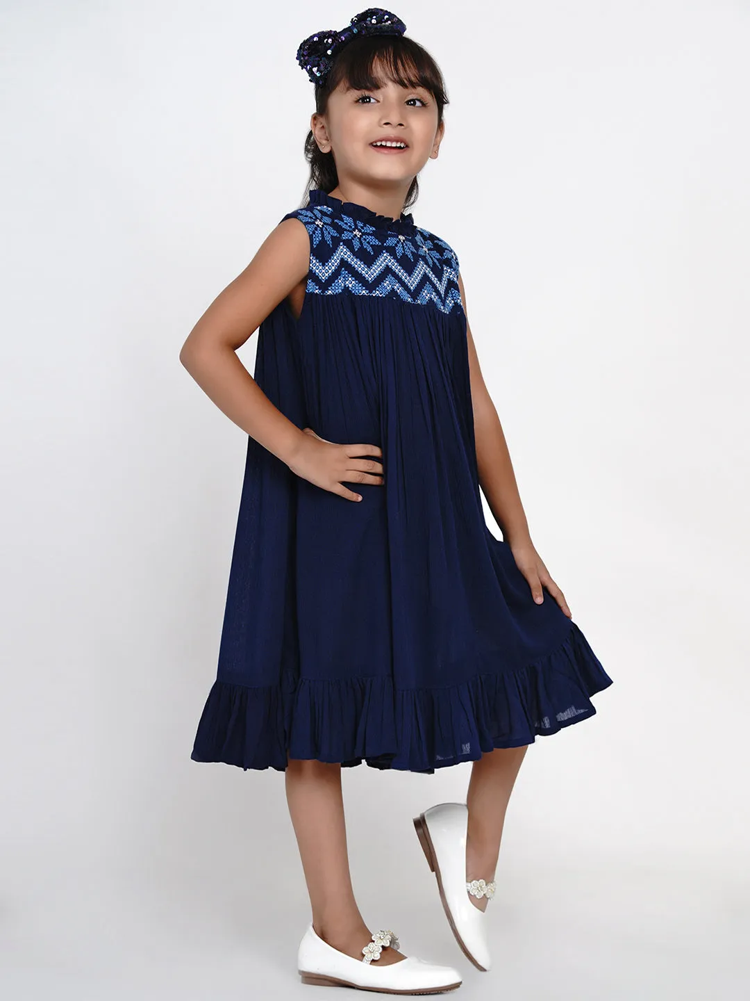 Girl's Navy Blue Embroidered A-Line Dress - Bitiya By Bhama