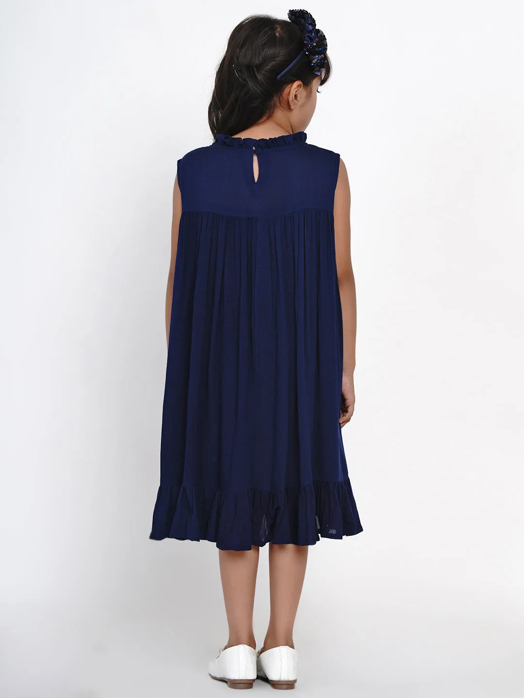 Girl's Navy Blue Embroidered A-Line Dress - Bitiya By Bhama