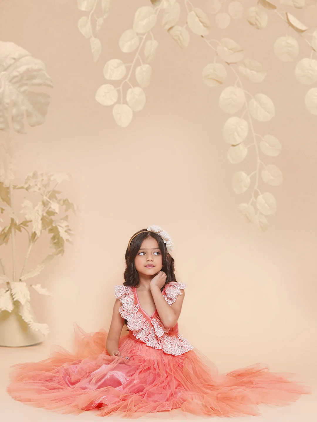 Girl's Peach Net Embroidered Frill Gown - Bitiya By Bhama