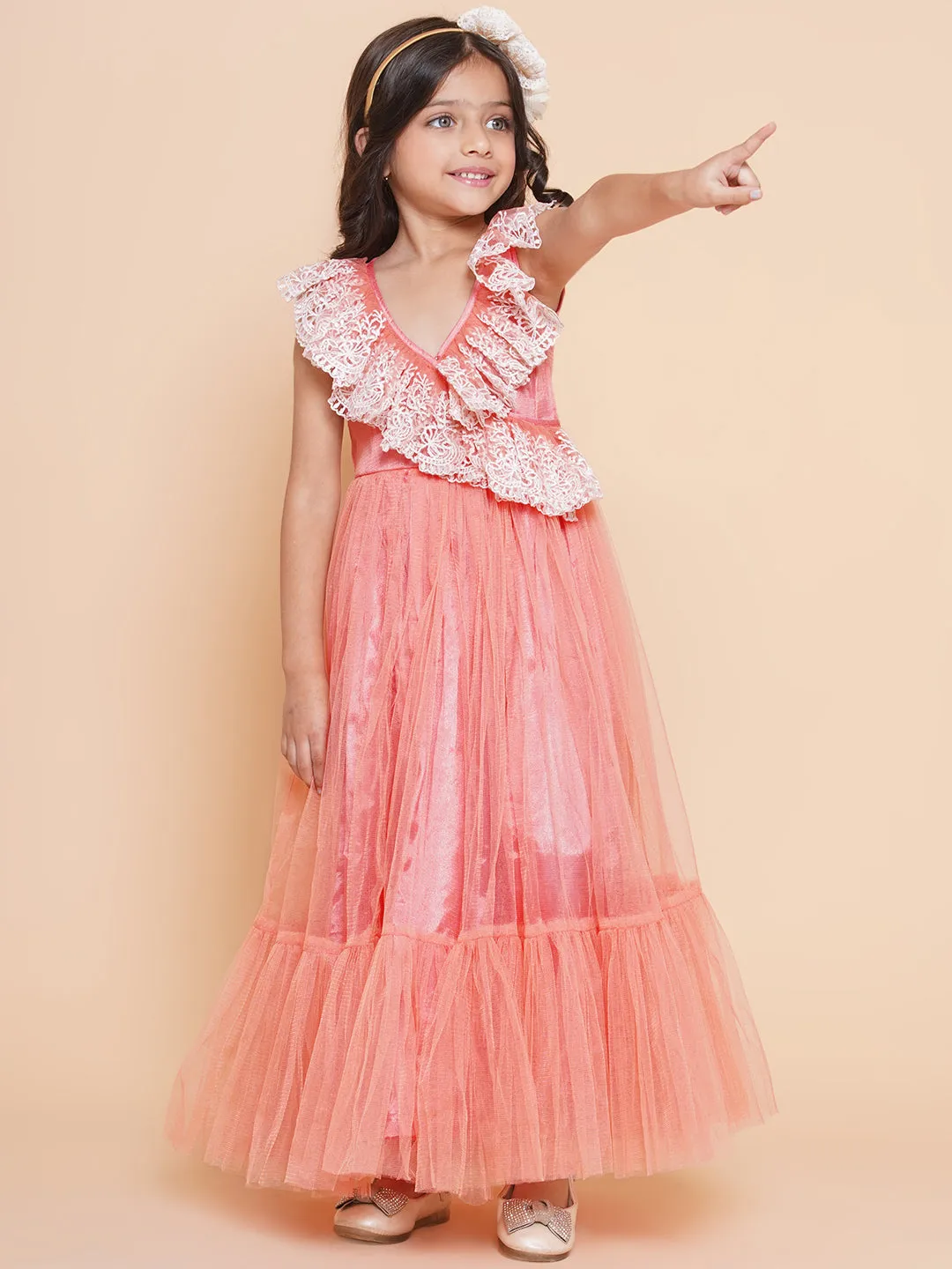 Girl's Peach Net Embroidered Frill Gown - Bitiya By Bhama