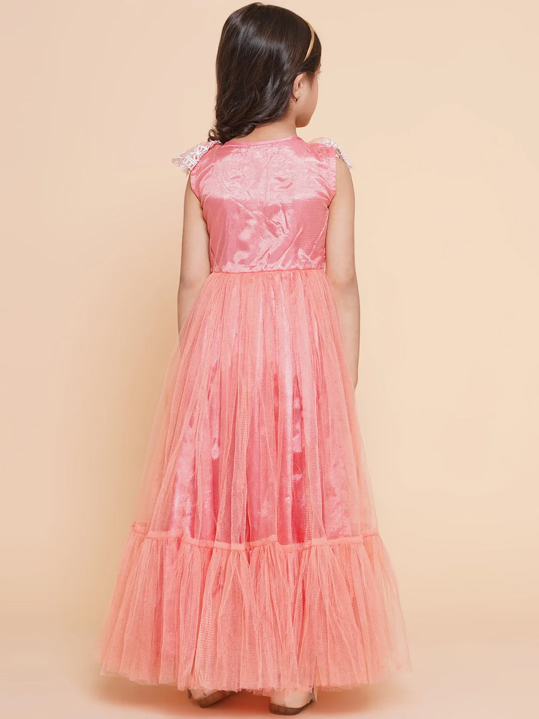 Girl's Peach Net Embroidered Frill Gown - Bitiya By Bhama
