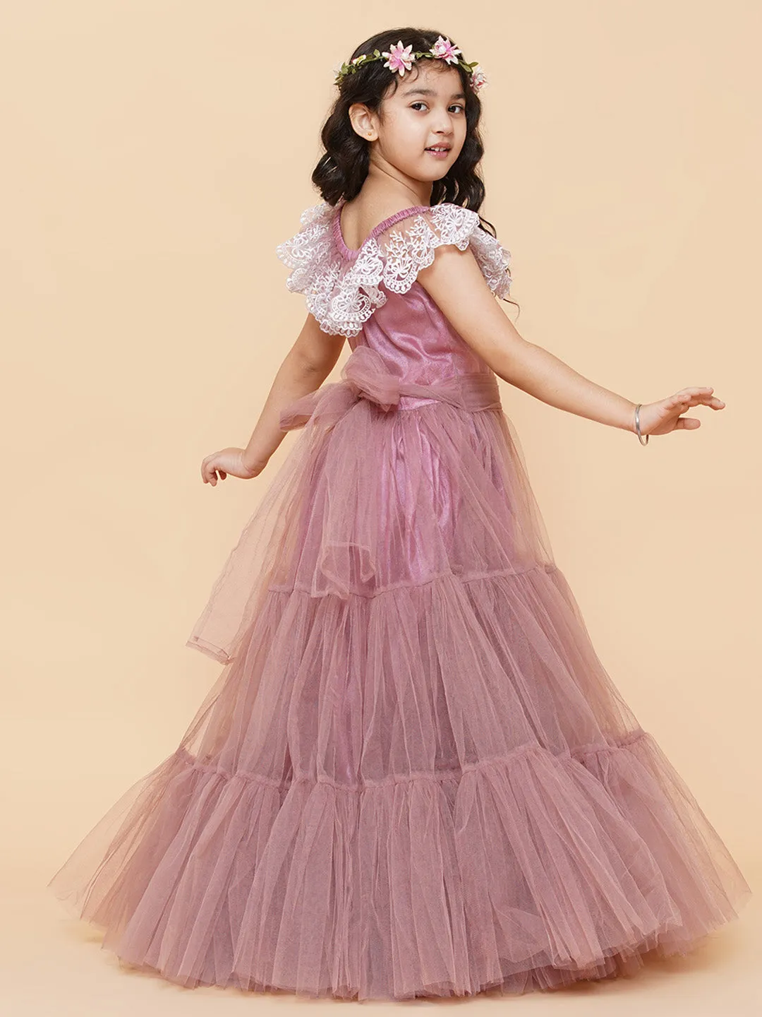 Girl's Pink & White Floral Embroidered Net Mexi Dress - Bitiya By Bhama