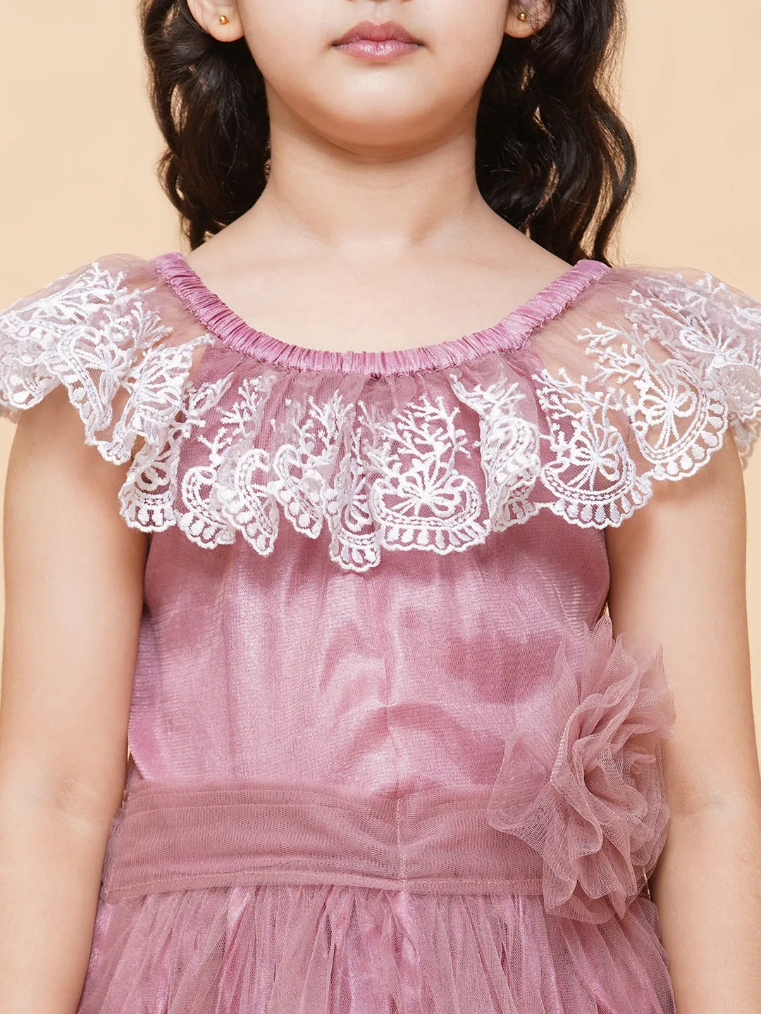 Girl's Pink & White Floral Embroidered Net Mexi Dress - Bitiya By Bhama