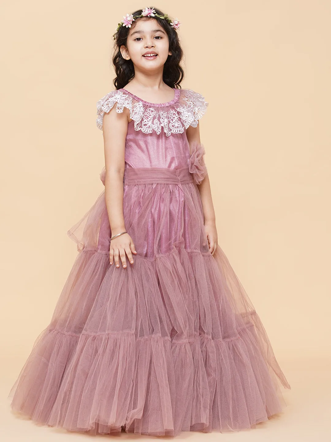 Girl's Pink & White Floral Embroidered Net Mexi Dress - Bitiya By Bhama