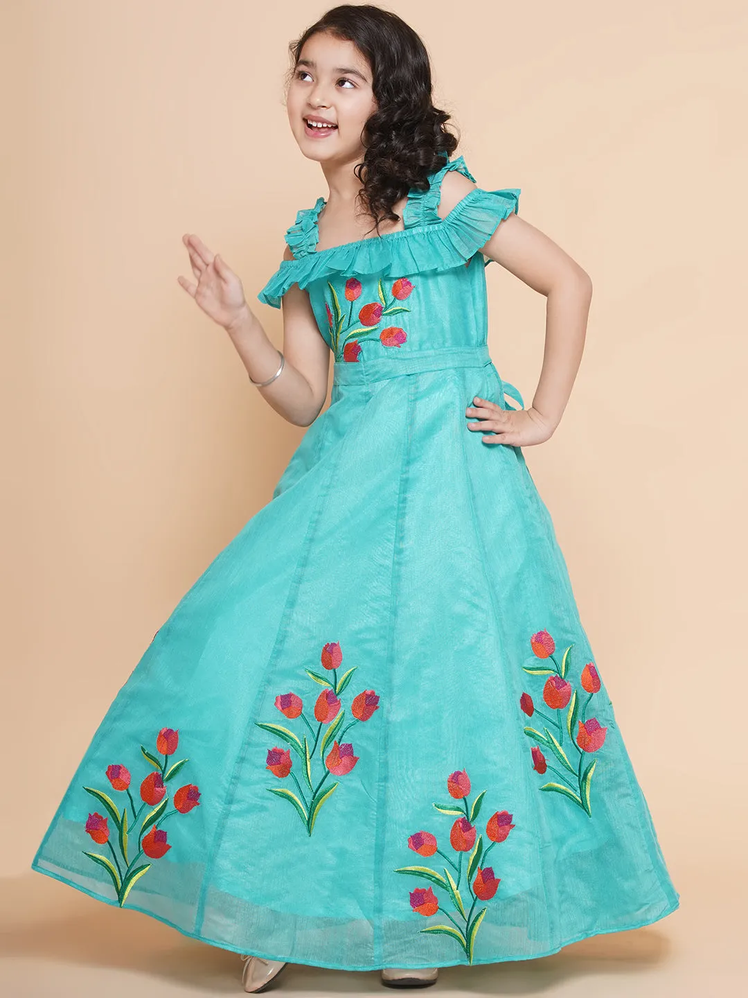 Girl's Sea Green Floral Embroidered Maxi Dress - Bitiya By Bhama