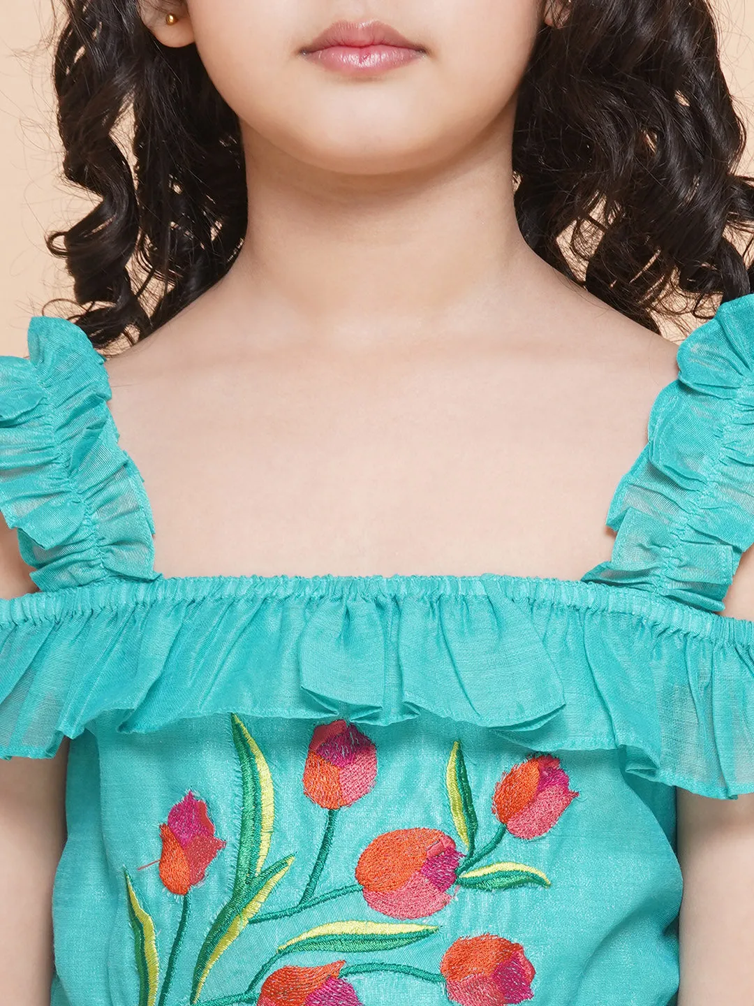 Girl's Sea Green Floral Embroidered Maxi Dress - Bitiya By Bhama
