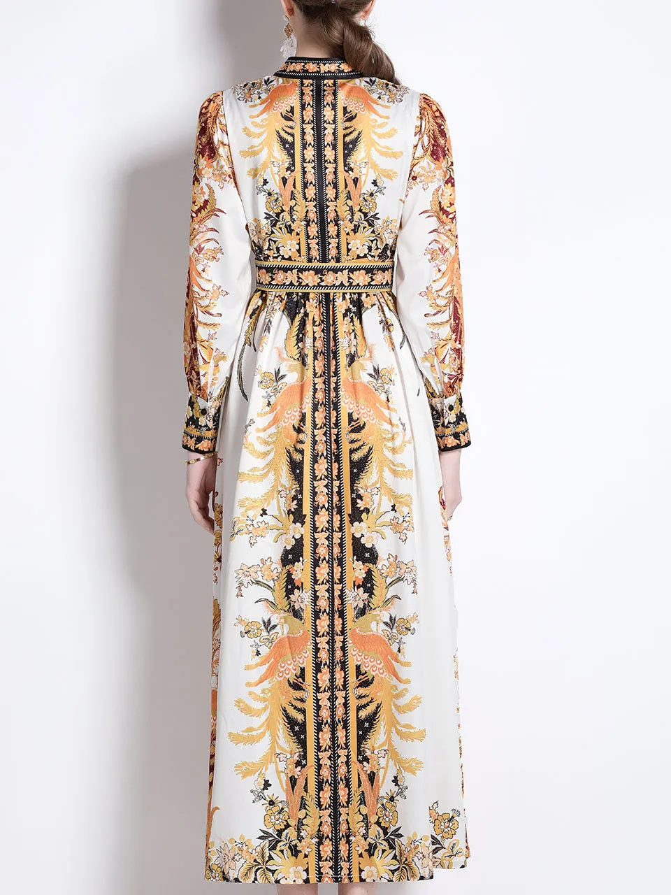 Gold Floral Print Stand Collar Long Sleeve Maxi Holiday Dress